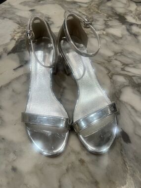 Stuart Weitzman Silver Metallic Ankle-Strap Block Heels